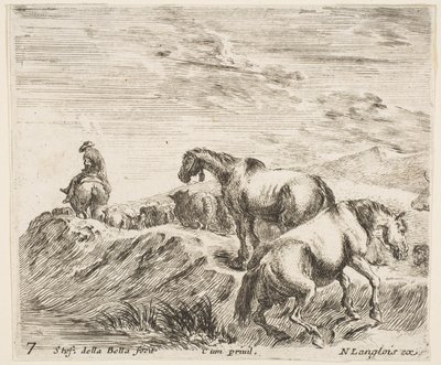 Tablica 7: dwa konie wjeżdżające na brzeg rzeki po prawej, idąc za procesją…, ok. godz. 1644-47. autorstwa Stefano della Bella