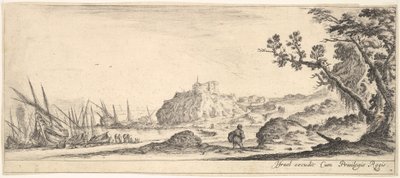 Ilustracja 7: różne łodzie na brzegu po lewej stronie, mężczyzna niosący torbę, widziany z tyłu i w..., ok. godz. 1641. autorstwa Stefano della Bella
