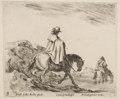 Ilustracja 8: jeździec schodzi z brzegu rzeki, drugi jeździec w rzece w prawo, od..., ok. godz. 1644-47. autorstwa Stefano della Bella