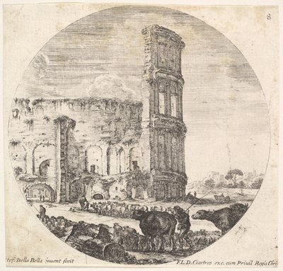 Tablica 8: Koloseum, dwa stada skierowane w stronę amfiteatru w fo..., ok. godz. 1643-48. autorstwa Stefano della Bella