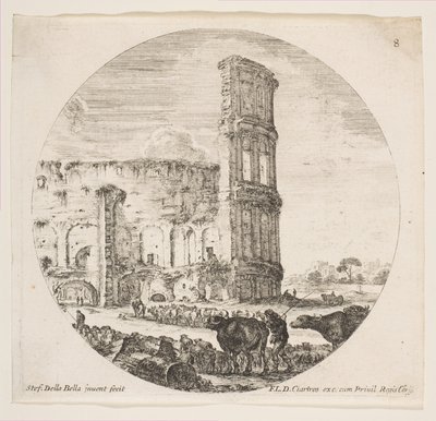 Tablica 8: Koloseum, dwa stada skierowane w stronę amfiteatru na przedpolu..., ok. godz. 1646. autorstwa Stefano della Bella