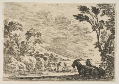 Tablica 9: Dwie kozy odpoczywające w prawo, zwrócone w lewo, czterech mężczyzn i koń w ri..., 1642. autorstwa Stefano della Bella