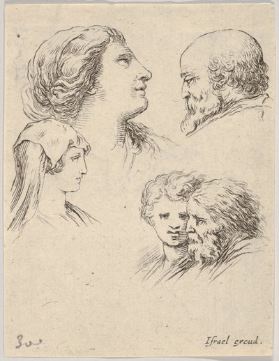 Ilustracja 9: pięć głów, dwie młode kobiety po lewej, brodaty mężczyzna po prawej, młoda kobieta, ca. 1649. autorstwa Stefano della Bella