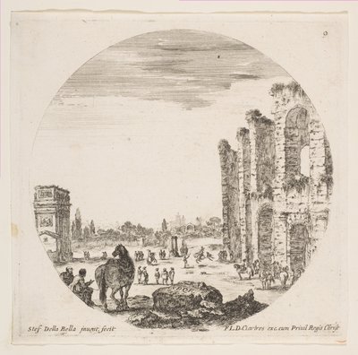 Tablica 9: Łuk Konstantyna po lewej, część Koloseum po prawej, różne konie..., ca. 1646. autorstwa Stefano della Bella