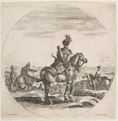 Jeździec polski z łukiem i strzałą, widziany z tyłu z koniem w prawo, ..., ca. 1651. autorstwa Stefano della Bella