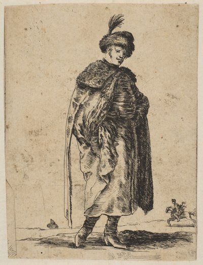 Polak z wąsami w futrze i czapce z piórkiem, ca. 1648. autorstwa Stefano della Bella