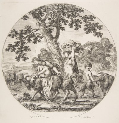 Rodzina Satyrów idąca w lewo z dwoma kozami i koszem winogron, ok. godz. 1657. autorstwa Stefano della Bella