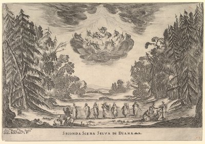 Scena druga, w lesie Diany, z Wesela bogów Le nozze degli Dei, 1637. autorstwa Stefano della Bella