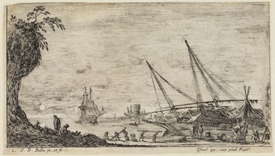 Pejzaże morskie (Paysages maritimes): port morski z marynarzami i robotnikami przenoszącymi kłody drewna autorstwa Stefano della Bella