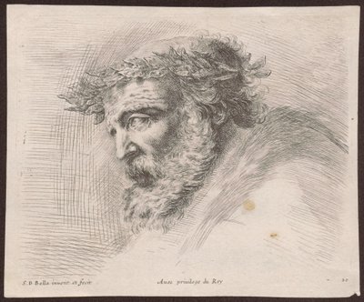 Studium głowy brodatego starca w wieńcu laurowym, z profilu, zwróconej w lewo, z cyklu „Principii del disegno“ autorstwa Stefano della Bella