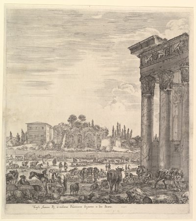 Kolumny świątyni Antonina po prawej, część Campo Vaccino pośrodku i..., 1656. autorstwa Stefano della Bella