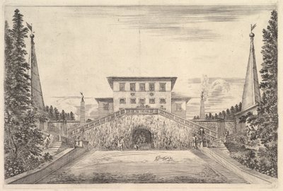 Pośrodku willa otoczona czterema obeliskami, po obu stronach schody, posąg w ..., ok. godz. 1653. autorstwa Stefano della Bella