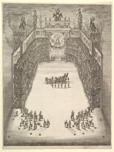 Teatr w Modenie, widziany z góry i wypełniony widzami, z wozem triumfalnym w cen..., 1652 r. autorstwa Stefano della Bella