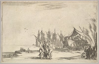 Trzech mężczyzn w kapeluszach stojących pośrodku, mężczyźni naprawiający statek po prawej, pięć statków i różne..., 1639. autorstwa Stefano della Bella