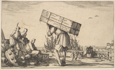 Strona tytułowa: pośrodku mężczyzna niosący walizkę na plecach, trzej mężczyźni patrzący w jego stronę w dniu ..., 1639. autorstwa Stefano della Bella
