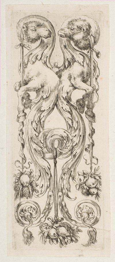 Dwie twarze wielbłądów z ciałami zakończonymi ornamentem, ca. 1653. autorstwa Stefano della Bella