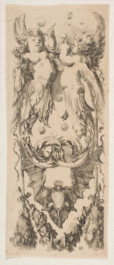 Dwoje uskrzydlonych dzieci z ciałami zamieniającymi się w ozdoby puszczające bańki, ca. 1653. autorstwa Stefano della Bella