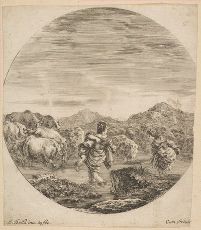 Dwie kobiety przechodzące przez strumień, ca. 1646. autorstwa Stefano della Bella