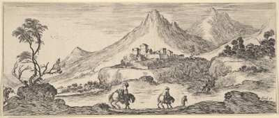 Dwóch jeźdźców schodzi ze wzgórza pośrodku, idąc za innym mężczyzną na piechotę, zamek w ..., ca. 1641. autorstwa Stefano della Bella