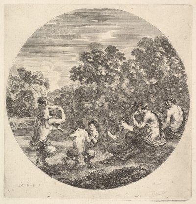 Dwóch satyrów i faun siedzących po prawej stronie obserwujących dwoje dzieci satyrów i jednego satyra w..., ca. 1643-48. autorstwa Stefano della Bella