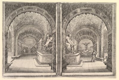 Dwa widoki groty, oba widoki z fontanną z siedzącym posągiem, widziane z ..., ca. 1653. autorstwa Stefano della Bella