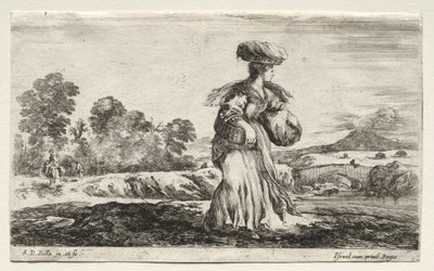 Różne postacie i krajobrazy: Wieśniaczka niosąca kosz na głowie, 1649. autorstwa Stefano della Bella