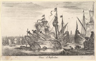 Widok na amsterdamski port morski Veue dAmsterdam, mężczyźni w łodziach wiosłowych pracują na statku w centrum..., 1647. autorstwa Stefano della Bella