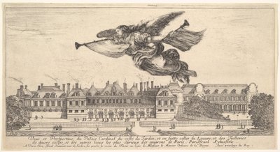 Widok na Palais Cardinal, postać Sławy na górze pośrodku lecąca w lewo a..., 1649-51. autorstwa Stefano della Bella
