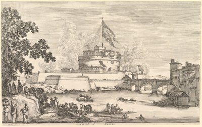 Widok na Tyber, duże drzewo po lewej, dwie grupy kobiet po lewej na przodzie..., ca. 1656. autorstwa Stefano della Bella