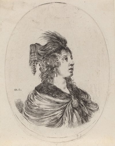 Kobieta w pierzastym turbanie, zwrócona w prawo, 16491650. autorstwa Stefano della Bella