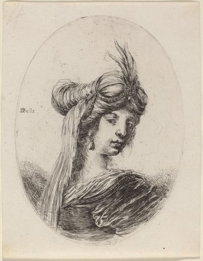 Kobieta w pierzastym turbanie z welonem, zwrócona w prawo, 16491650. autorstwa Stefano della Bella