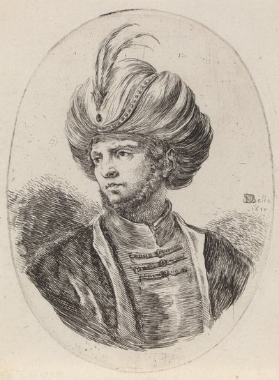 Młody Maur z lekką brodą i pierzastym turbanem, zwrócony w lewo, 1650. autorstwa Stefano della Bella