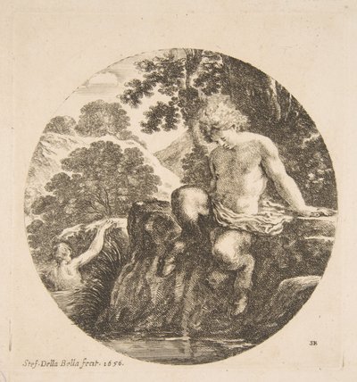 Młody satyr Zamierza kąpać się w rzece, z „Krajobrazy i porty morskie” Paysages et ports d..., 1656. autorstwa Stefano della Bella