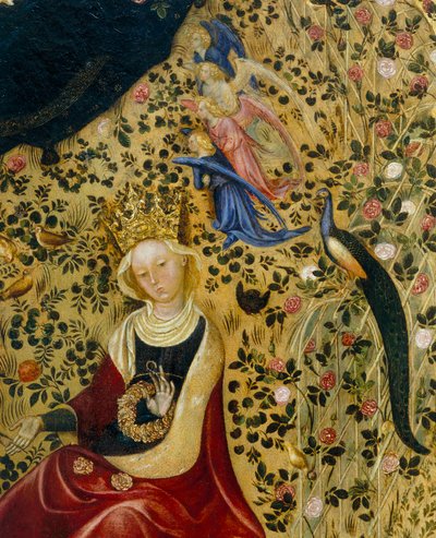Święta Katarzyna Aleksandryjska w otoczeniu aniołów i pawia, fragment Madonny del Roseto autorstwa Stefano di Giovanni da Verona