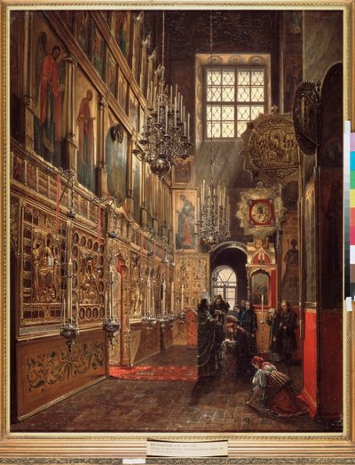 Nabożeństwo w katedrze Zwiastowania NMP na Kremlu moskiewskim - Obraz Stepana Michajłowicza Szuchwostowa (1821-1908), olej na płótnie autorstwa Stepan Mikhailovich Shukhvostov