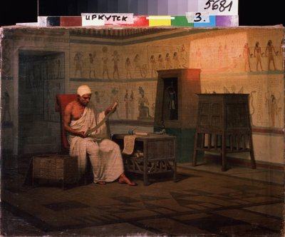 Egipski ksiądz czytający zwój papirusu. Malarstwo Stepana Władysławowicza Bakalowicza (1857-1947). Olej na płótnie, 37 x 50 cm, po 1903. Sztuka rosyjska, koniec XIX wieku, początek XX wieku. Państwowe Muzeum Sztuki w Irkucku (Rosja autorstwa Stepan Vladislavovich Bakalovich