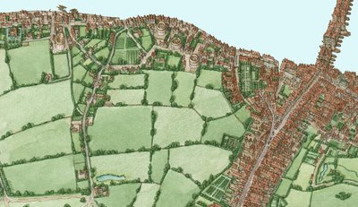 Bankside i Southwark, Londyn, ok. 1600-25, 2021 (tusz i akwarela, technika cyfrowa) autorstwa Stephen Conlin