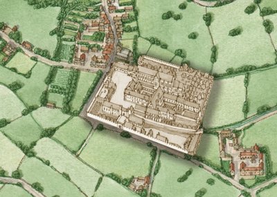 Bermondsey, Londyn, ok. 1600 r. z wstawką przedreformacyjnego opactwa, 2021 r. (tusz i akwarela, technika cyfrowa) autorstwa Stephen Conlin