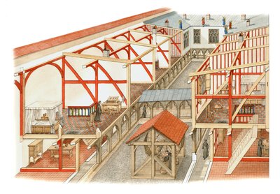 Dwór kanoników, zamek Windsor, ok. 1500-1535 (tusz i akwarela na papierze) autorstwa Stephen Conlin