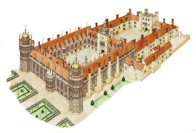 Pałac Nonsuch, Surrey, ok. 1540-1600 (tusz i akwarela) autorstwa Stephen Conlin