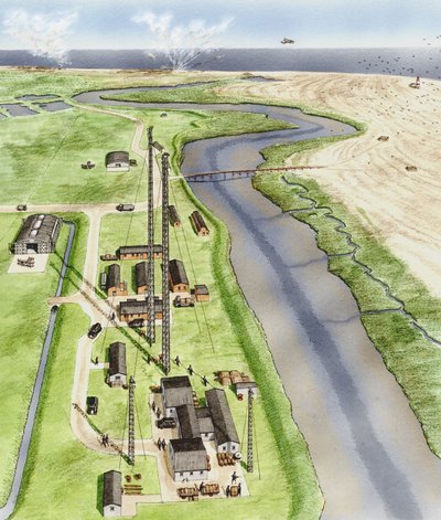 Orford Ness, Suffolk, ok. 1935-1945 (tusz, aerograf, akwarela) autorstwa Stephen Conlin