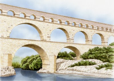 Pont de Gard dzisiaj, Francja, ok. 1900-2023 (tusz i akwarela) autorstwa Stephen Conlin