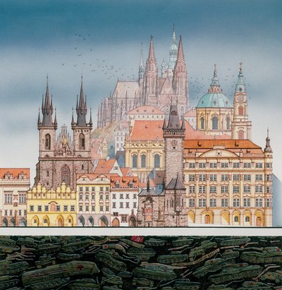Budynki Pragi i rosyjskie czołgi, ok. 1980-1991 (tusz i akwarela) autorstwa Stephen Conlin