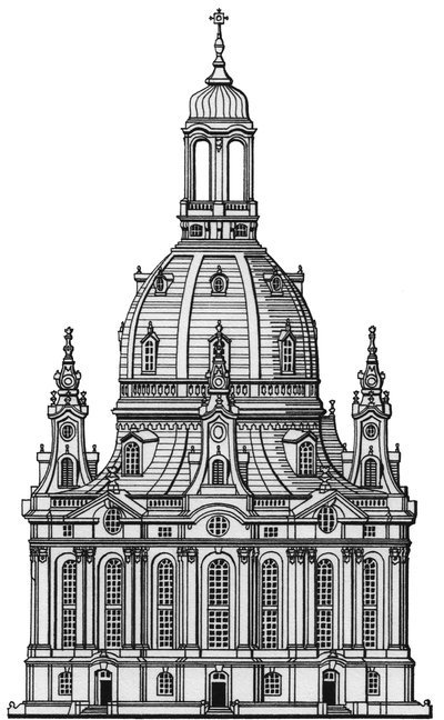 Kościół Frauenkirche, Drezno, ok. 1730-2023 (rysunek 1994) (tusz) autorstwa Stephen Conlin