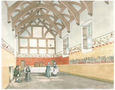 The Great Hall of Cothay Manor, Near Wellington, Somerset, 2016 (tusz i akwarela) autorstwa Stephen Conlin