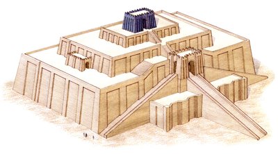 Ziggurat w Ur, przypuszczalna renowacja z VI w. p.n.e. (tusz i akwarela) autorstwa Stephen Conlin