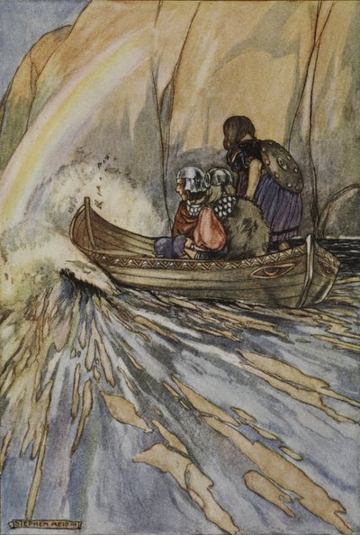„Zabierz nas szybko, Łódko Mananana, do Ogrodu Hesperydów, ilustracja z „Wielkich czynów Finna i innych bardyjskich romansów starożytnej Irlandii” autorstwa T.W. Rolleston (kolor lito) autorstwa Stephen Reid