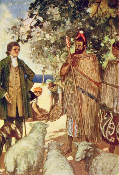 Kapitan Cook (1728-79) przedstawia tubylcom kilka owiec i kóz, ilustracja z „Księgi odkryć” T.C. Mosty, wydana 1931 (kolor lito) autorstwa Stephen Reid