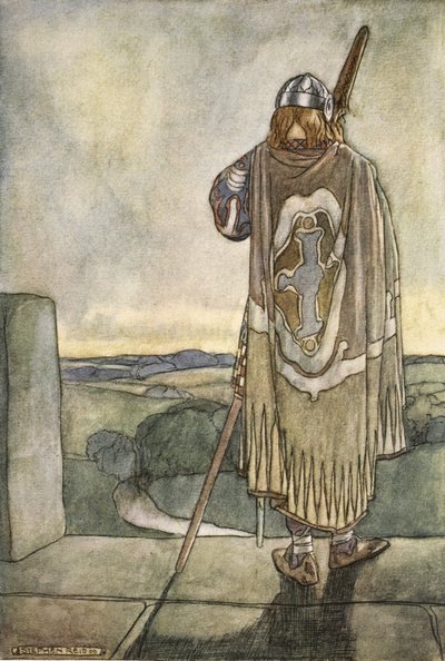 Finn usłyszał z daleka pierwsze nuty czarodziejskiej harfy, frontyspis do „Wielkich czynów Finna i innych romansów bardyjskich starożytnej Irlandii” T.W. Rolleston (kolor lito) autorstwa Stephen Reid
