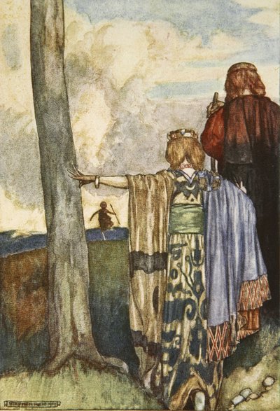 Królowa Maeve spotyka się z Cuchulainem, ilustracja z „Cuchulain, The Hound of Ulster” Eleanor Hull (1860-1935) autorstwa Stephen Reid
